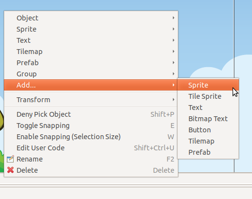 Context menu to open the Add Sprite dialog.