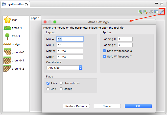 Atlas editor settings.